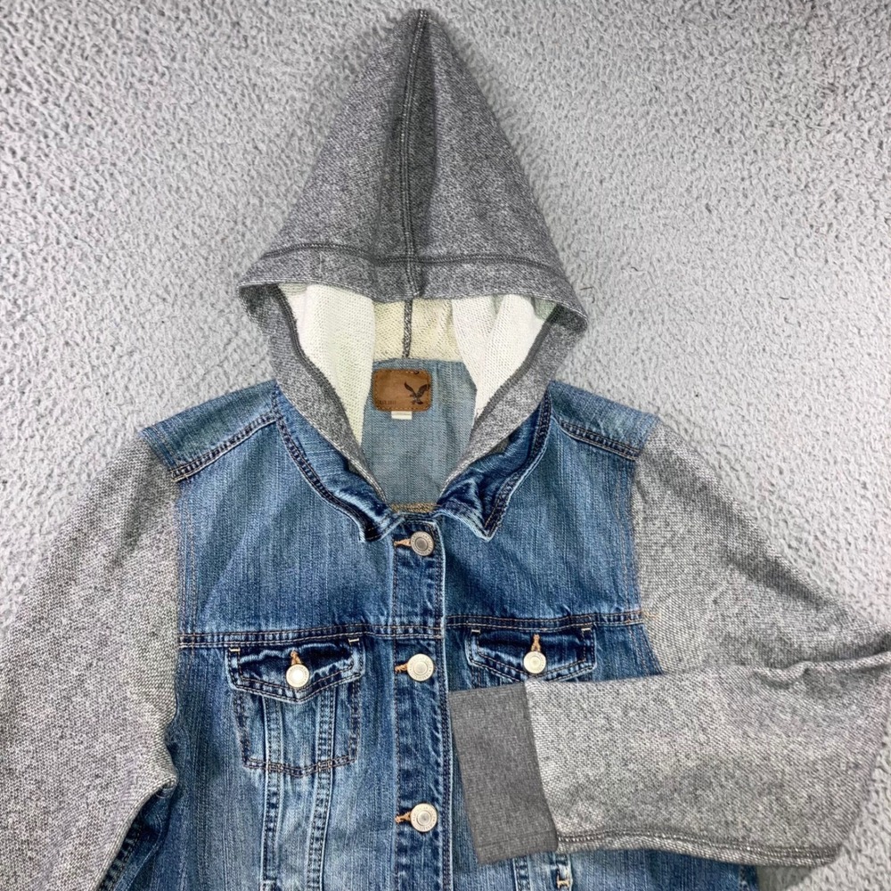 American Eagle Denim Jacket Hoodie Women XL Blue Gray Streetwear Mixed Media
